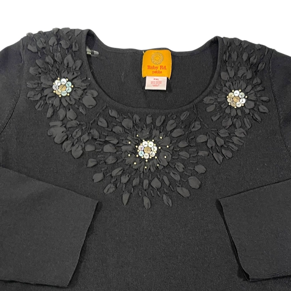 Ruby‎ Rd. PXL Black Knit Top Floral Applique Sequin 3/4 Sleeve Whimsigoth